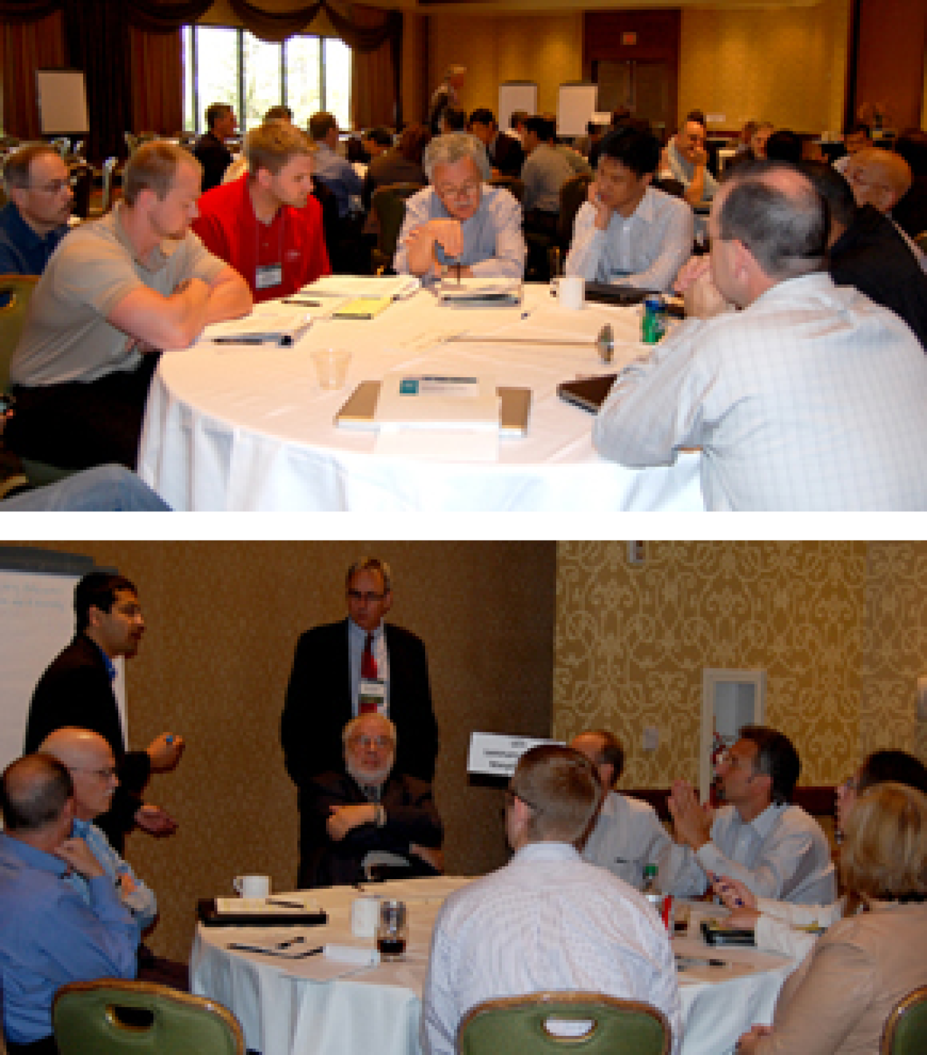 Photo of a group of people seated at a table, engaged in discussion. Bottom: Photo of a group of people seated at a table, in discussion with two men who are standing next to the table, in front of a flip chart.