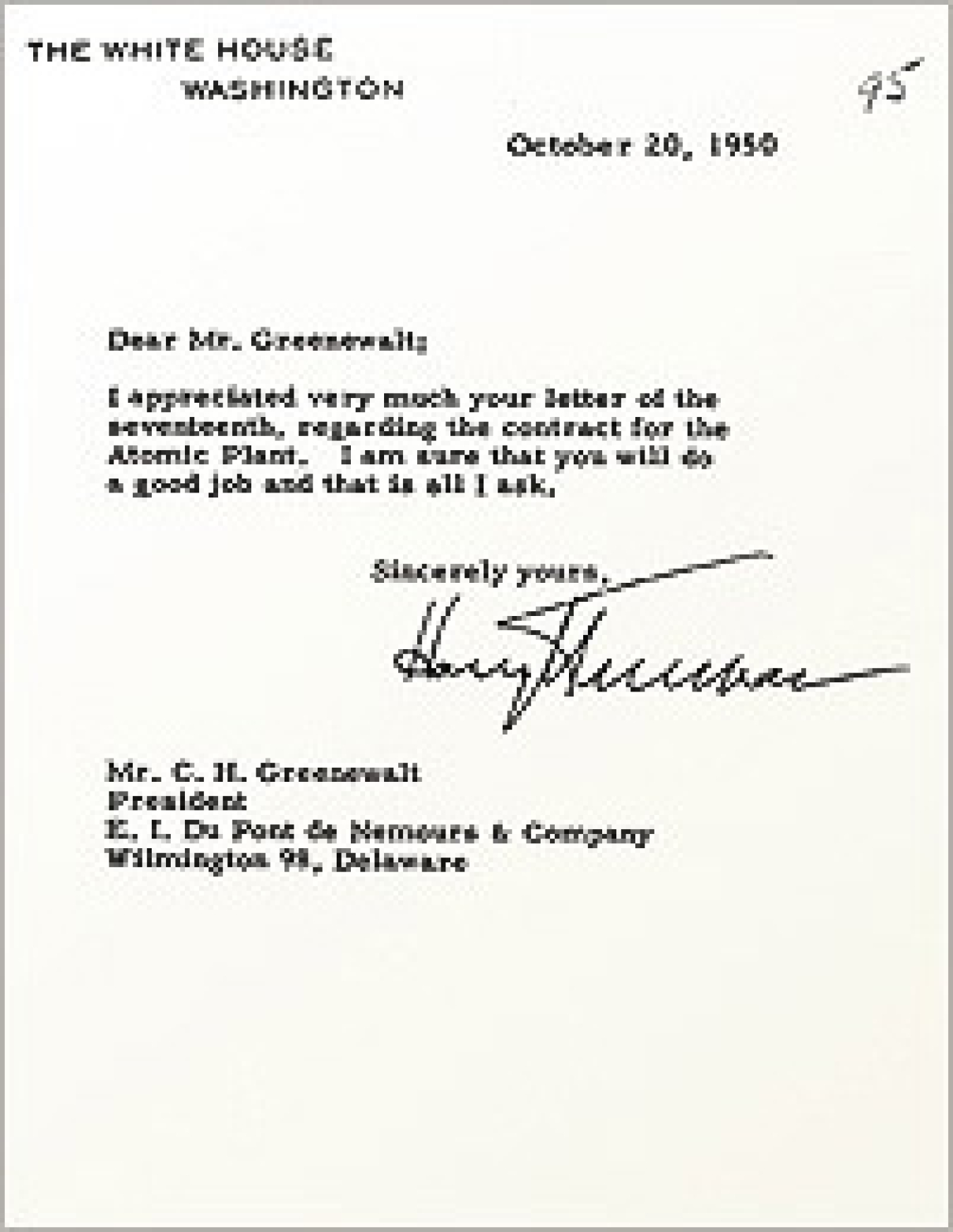 letter from President Trueman to DuPont regarding future atomic plant