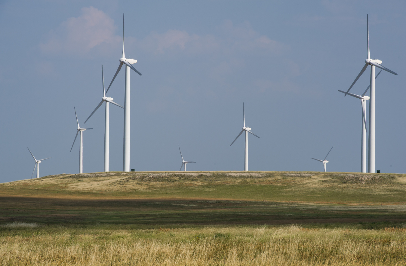 Utility scale wind turbines at the Cedar Creek Wind Farm in Grover, Colorado.