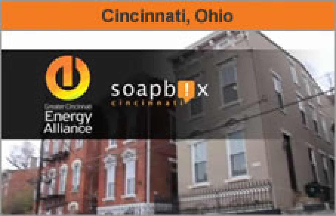 The Soapbox logo on top of a photo of townhomes, with the words "Cincinnati, Ohio."