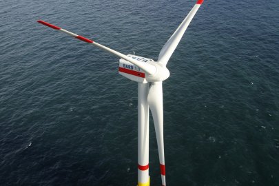 Offshore wind turbine BARD 5.0 installed on a transitional substructure from BARD Engineering GmbH at the offshore wind farm BARD OFFSHORE 1 in the German Bight.