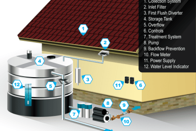 Graphic shows a schematic of a rainwater harvesting system next to the exterior of a house. 