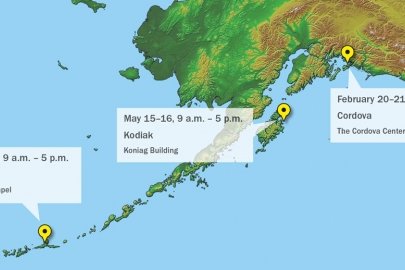 A map of Alaska with the workshop locations.