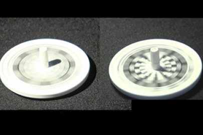 Two side-by-side photos of a spinning flicker wheel