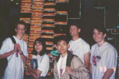 The Albany High School team as they arrive at the 1993 national competition: (L-R) Zach Teitler, Ilkay Can, Michael Wang, Ben Rudiak-Gould, and Matthew Siebert.