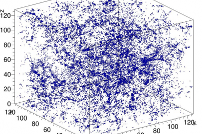 Example simulation of dark matter in the universe used as input to the CosmoFlow network.