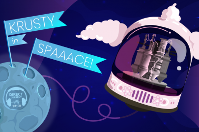 Cover art for Direct Current podcast season 3, episode 8, "KRUSTY in Spaaace!" featuring the moon, an astronaut helmet with space for a clown's hair containing a small nuclear reactor.