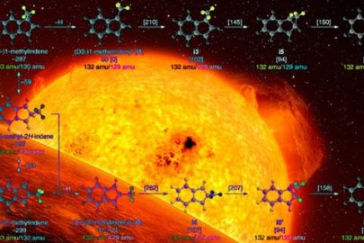This composite image shows an illustration of a carbon-rich red giant star (middle) warming an exoplanet (bottom left) and an overlay of a newly found chemical pathway that could enable complex carbons to form near these stars. 