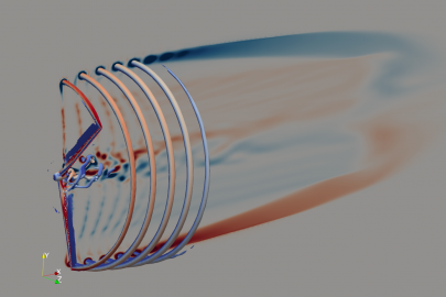 Image showing the flow structure around an NREL 5-megawatt wind turbine rotor generated by the ExaWind Nalu-Wind high-performance computational code.