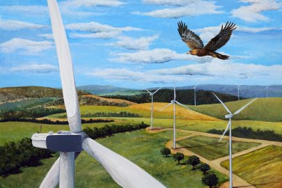 Illustration of a golden eagle flying amid wind turbines.