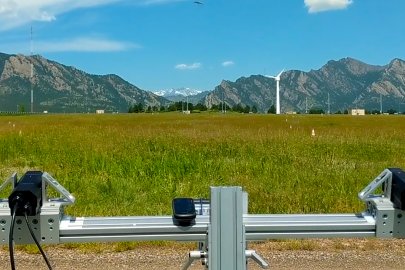 ThermalTracker-3D tracks an unmanned aerial system (visible top, center) during testing at the NREL Flatirons Campus.