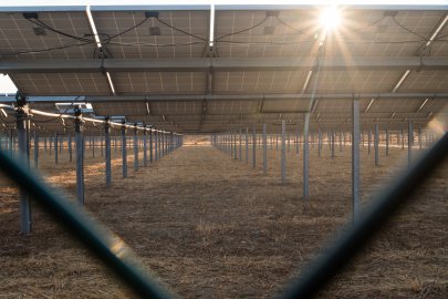 A photo of photovoltaic panels from underneath showing the mounting structures