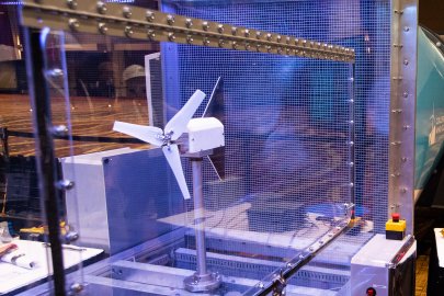 Model wind turbine in a wind tunnel to be tested at the Collegiate Wind Competition. 
