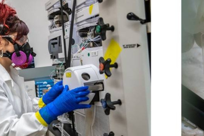 Scientists like Leticia Arnedo-Sanchez (left) overcame technical challenges and COVID-19-related safety guidelines to characterize the coordination chemistry of minute samples of Es-254 (right). 