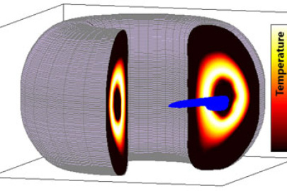 A computer simulation showing temperature contours of a hot fusion plasma being cooled from the inside (the dark region in the center) after the release of the shell pellet payload material (in blue) near the center.