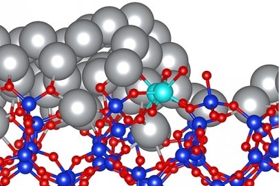 Image of a model of a catalyst at atomic scale that includes the molecular structure of a metal oxide support with atoms of a metal catalyst on top of the support structure.