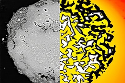 Image of a catalyst particle with half (left) of the particle image being a scanning electron micrograph of the catalyst and the other half (right) being a model simulation of the particle showing porosity and coke build up on the catalyst