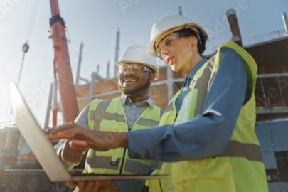 Two specialists inspect commercial, industrial building construction site.