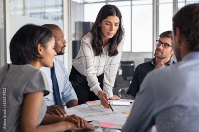 Female architect working on a blueprint on a table with a team.