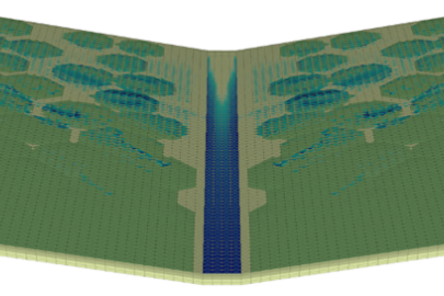 A sample simulation showing a polygonal landscape with variable vegetation cover (green) and surface water (blue) during a rainstorm. The porous, organic-rich soil beneath the vegetation can store a large amount of water, changing the flow of water.