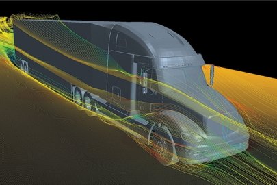 a rendering of a tractor trailer in a jet stream