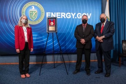 NNSA Administrator Jill Hruby presents Nevada Field Office Assistant Manager for Safeguards and Security, Jerry A. Weber, with Linton F. Brooks Medal