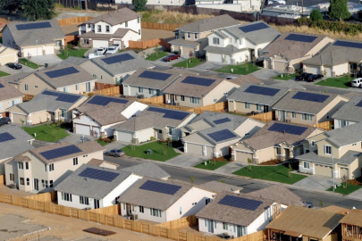 Aerial photo of rooftops in the Premier Gardens Zero Energy Home Community. Each house is built with a 2.2 kilowatt photovoltaic system.