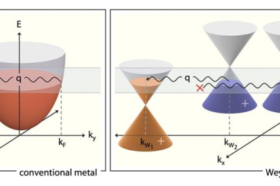 Energy versus momentum depiction of different conditions that give rise to a Kohn anomaly in ordinary metals (at left), versus a topological material called a Weyl semimetal (at right). 