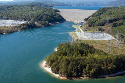 Aerial shot of a pumped storage hydropower plant.
