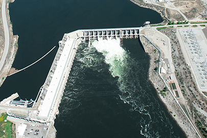 An aerial view of a dam.