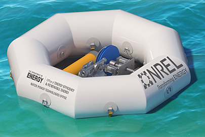 An artist’s rendering of a hexagonal buoy on the ocean with the drivetrain exposed.