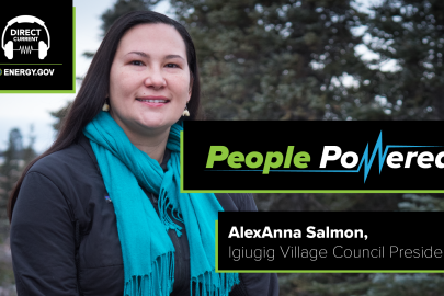 Cover art for Direct Current podcast episode "People Powered: AlexAnna Salmon, Igiugig Village Council President" featuring a photo of AlexAnna and stylized "People Powered" text.