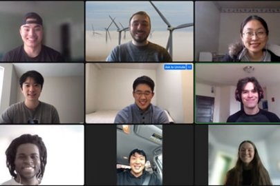 A screenshot of a grid of nine students on a video call.