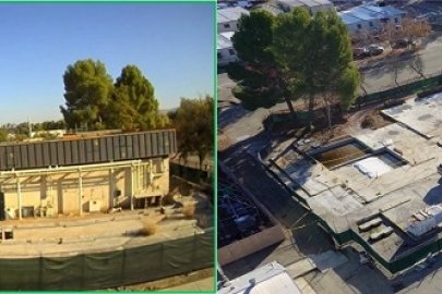 Before and after views of the demolition of Building 175 at Lawrence Livermore National Laboratory.