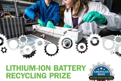 two researchers installing a lithium-ion battery. Text that reads" lithium-ion battery recycling prize - four phase III winners are selected to receive a cash prize of $500,000