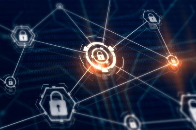 Cybersecurity lock icons in a network
