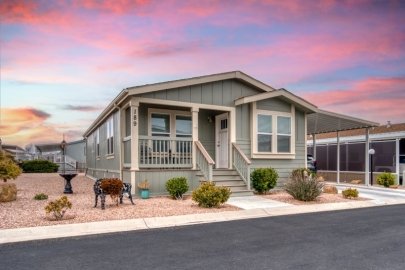 Manufactured home with a sunset in the background