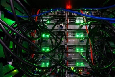 Detail of wiring in a high performance computing data center.