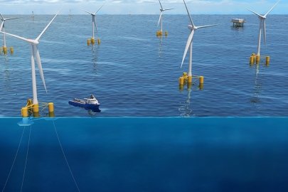 Graphic showing offshore wind turbines anchored in the ocean.