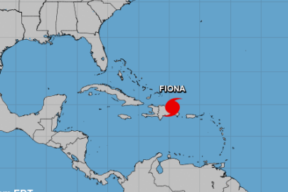 A snapshot of the Caribbean with a hurricane icon and "fiona" over puerto rico.