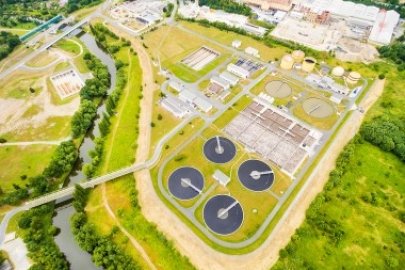 Bird's eye view of a wastewater treatment facility