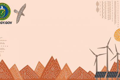 Native American Heritage Month illustration with mountains, wind turbines, solar panels, and large bird in the sky.