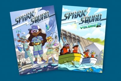 Covers of two Spark Squad comic books, in which kids explore marine energy and hydropower