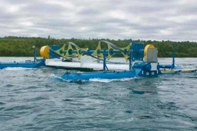 Energy equipment floating on a body of water.
