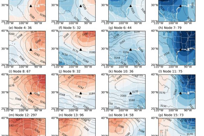 Composite of geopotential heights [m] (contours) and anomalies (colors) at 700 Hectopascal (hPa) of air pressure for each SOM node. These nodes help unpack how high- and low-pressure systems and other climate factors contribute to Texas rainstorms.