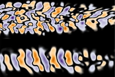 Contours of magnetic fields that emerge a result of self-organization of microscopic currents resulting from the Weibel instability in a carbon dioxide laser-produced plasma probed by an ultrashort relativistic electron beam.