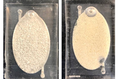 An EcoFAB device filled with quartz sand (left) and an EcoFAB device loaded with bacterial growth medium and inoculated with a synthetic soil community (right).
