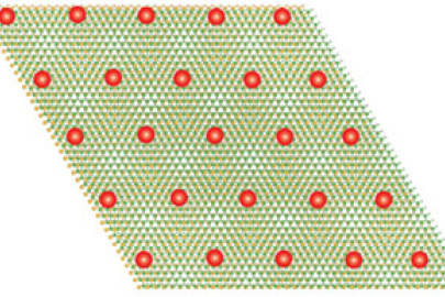 Schematic of the moiré superlattice formed between tungsten diselenide and tungsten disulfide, filled with one charge carrier per moiré unit cell.