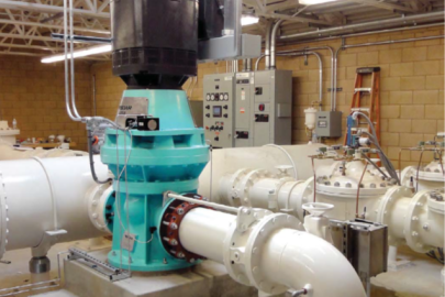 A hydropower turbine installed into an existing drinking water distribution system in California 