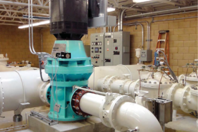 A hydropower turbine installed into an existing drinking water distribution system in California